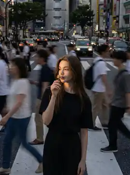 都市十字路口静立嗅花写真摄影 生成效果预览